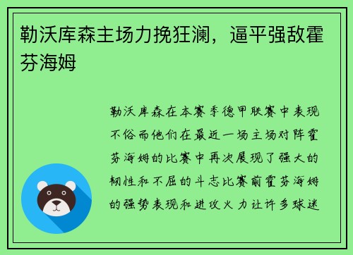 勒沃库森主场力挽狂澜，逼平强敌霍芬海姆