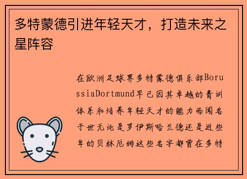 多特蒙德引进年轻天才，打造未来之星阵容