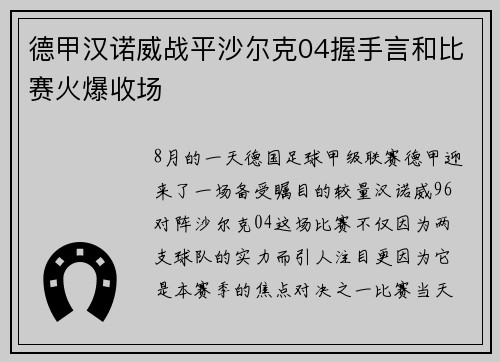 德甲汉诺威战平沙尔克04握手言和比赛火爆收场