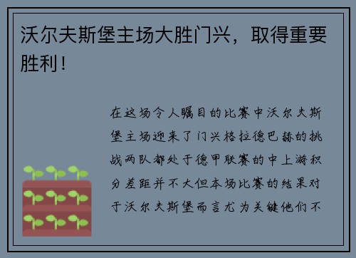 沃尔夫斯堡主场大胜门兴，取得重要胜利！