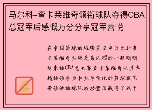 马尔科-查卡莱维奇领衔球队夺得CBA总冠军后感慨万分分享冠军喜悦
