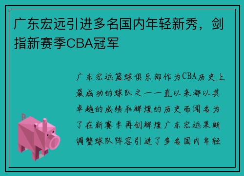 广东宏远引进多名国内年轻新秀，剑指新赛季CBA冠军
