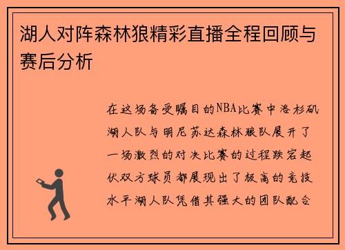 湖人对阵森林狼精彩直播全程回顾与赛后分析