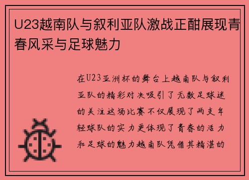 U23越南队与叙利亚队激战正酣展现青春风采与足球魅力